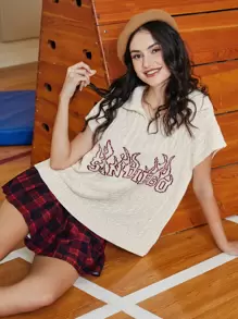 SHEIN Unity Letter And Fire Pattern Zipper Half Placket Knit Top - Apricot - View 5