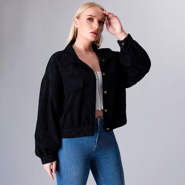 

Plus Corduroy Single Breasted Drop Shoulder Jacket, Black