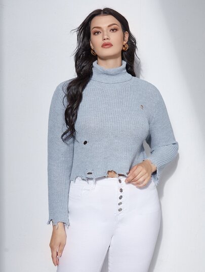 SHEIN Unity Plus Turtleneck Ripped Distressed Sweater