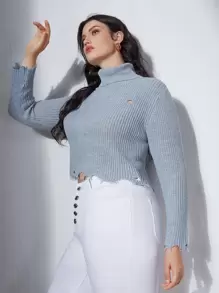 SHEIN Unity Áo len Plus Size Bị tách màu trơn Giải trí - Màu Xám nhạt - Xem 4