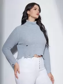 SHEIN Unity Áo len Plus Size Bị tách màu trơn Giải trí - Màu Xám nhạt - Xem 5