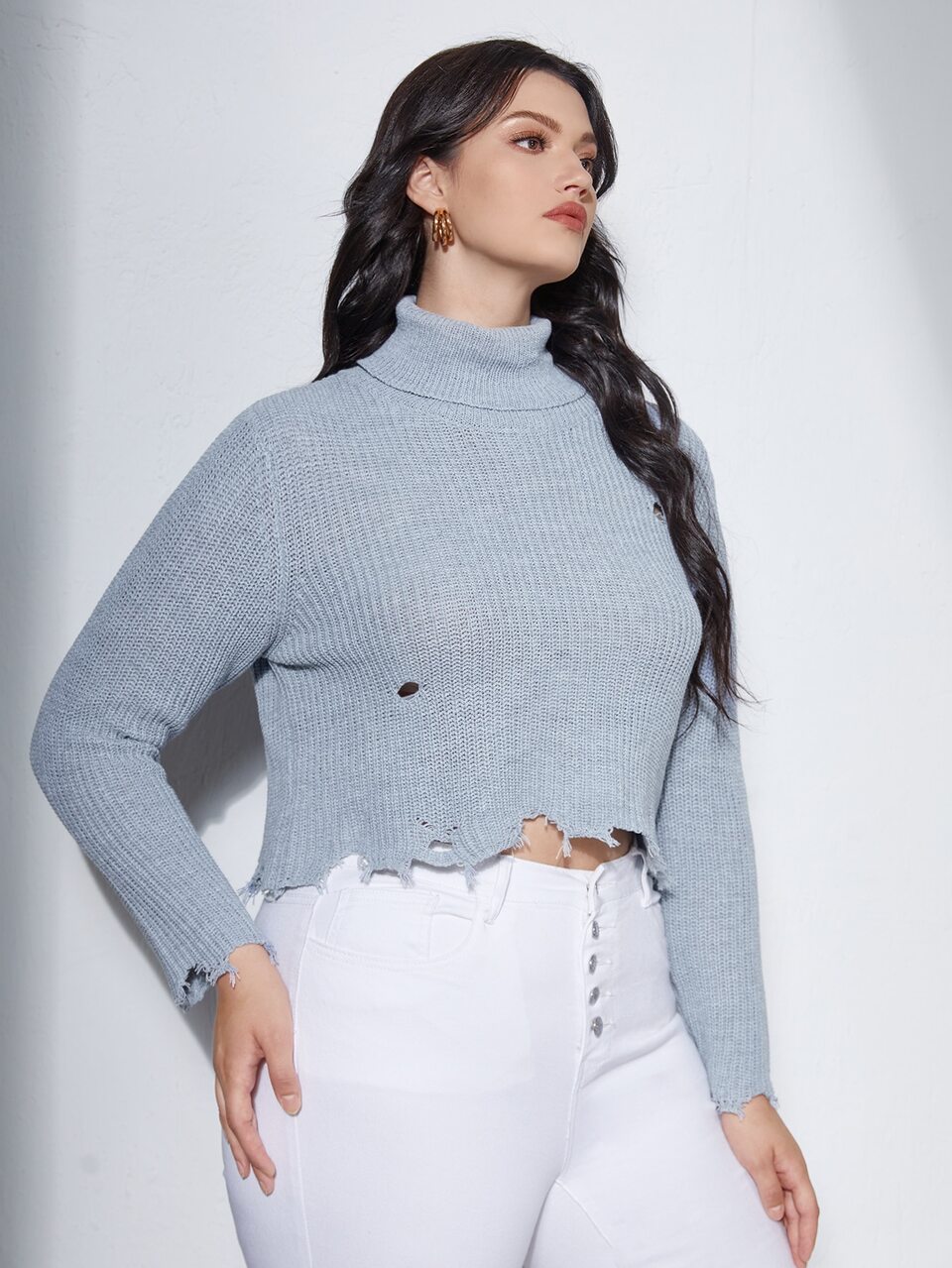 Plus Turtleneck Ripped Distressed Sweater