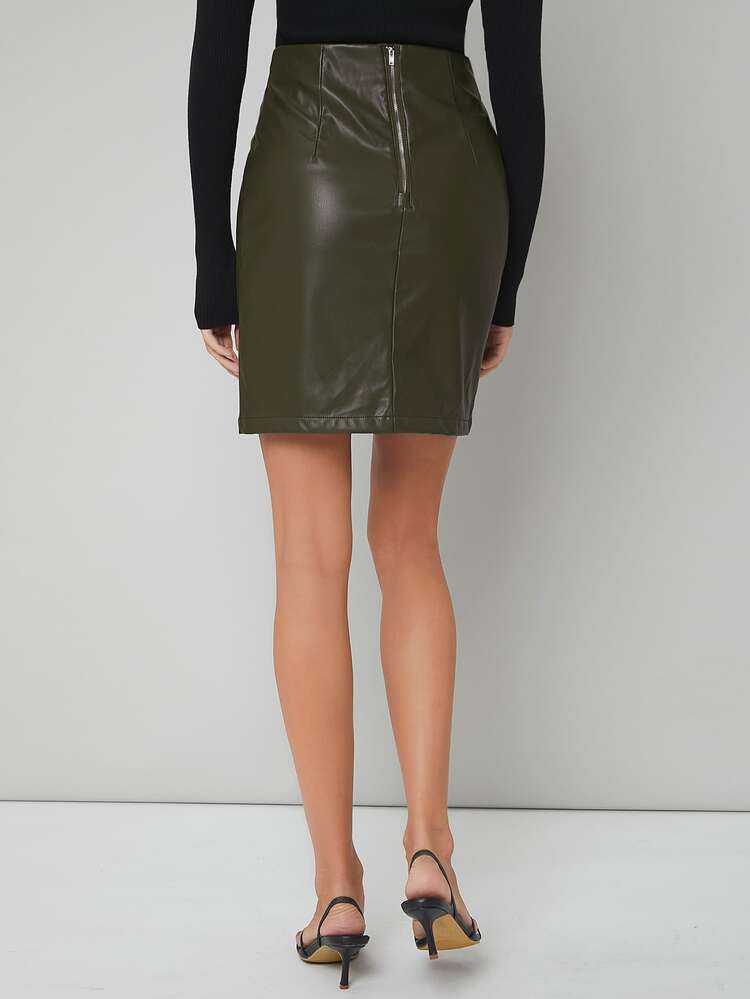 BizChic Faldas de Mujer Cremallera Liso Casual - Verde militar - Añade 2