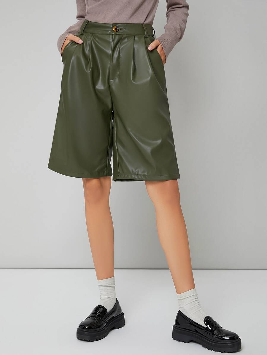 SHEIN Solid Plicated PU Leather Shorts - Army Green - View 1
