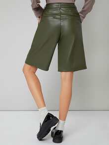 SHEIN Solid Plicated PU Leather Shorts - Army Green - View 2