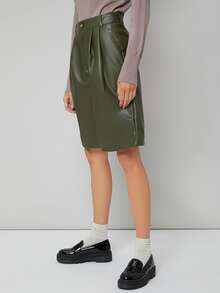SHEIN Solid Plicated PU Leather Shorts - Army Green - View 3