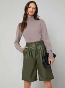 SHEIN Solid Plicated PU Leather Shorts - Army Green - View 4