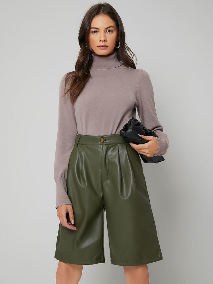 SHEIN Solid Plicated PU Leather Shorts - Army Green - View 5