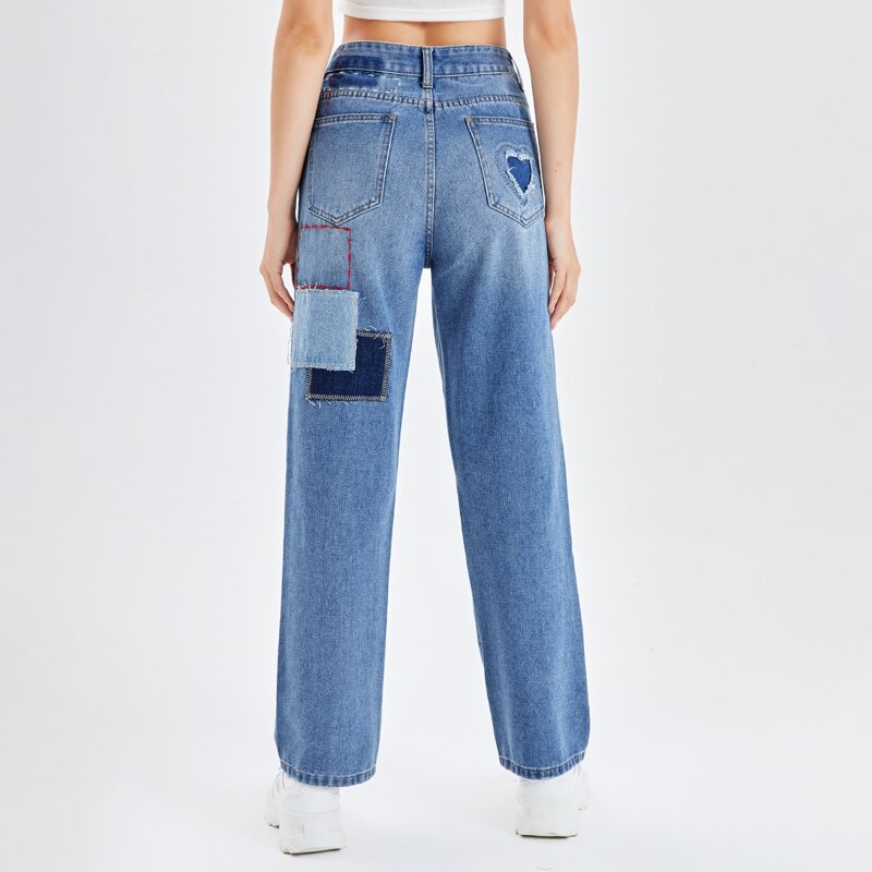 

Heart Pattern Washed Straight Leg Jeans, Medium wash