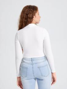 SHEIN Leap Crew Teen Girls' Solid Color V-Neck Long Sleeve T-Shirt, Suitable For Summer - White - View 2