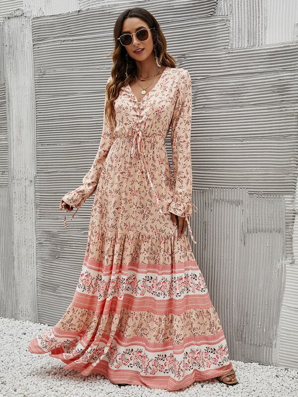 SHEIN Holidaya Floral Grommet Eyelets Lace Up Ruffle Hem Dress Boho Dress Maxi Vacation Beach Outfits Women Fall Cloth For Women