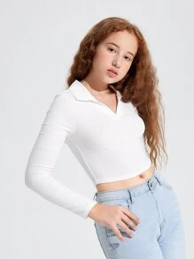 SHEIN Leap Crew Teen Girls' Solid Color V-Neck Long Sleeve T-Shirt, Suitable For Summer - White - View 3