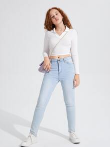 SHEIN Leap Crew Teen Girls' Solid Color V-Neck Long Sleeve T-Shirt, Suitable For Summer - White - View 4