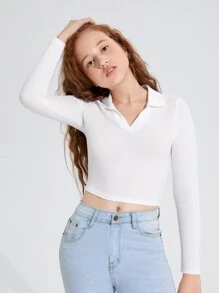 SHEIN Leap Crew Teen Girls' Solid Color V-Neck Long Sleeve T-Shirt, Suitable For Summer - White - View 5