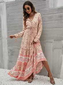 SHEIN Holidaya Vestido bohemio con volantes, ojales con estampado floral y cordones, vestido largo para vacaciones y playa, ropa de mujer para otoño - Multicolor - Ver 3