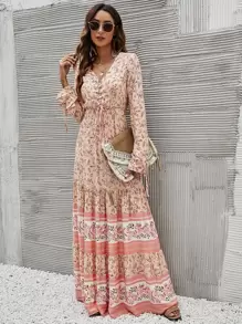 SHEIN Holidaya Vestido bohemio con volantes, ojales con estampado floral y cordones, vestido largo para vacaciones y playa, ropa de mujer para otoño - Multicolor - Ver 4