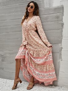 SHEIN Holidaya Vestido bohemio con volantes, ojales con estampado floral y cordones, vestido largo para vacaciones y playa, ropa de mujer para otoño - Multicolor - Ver 6