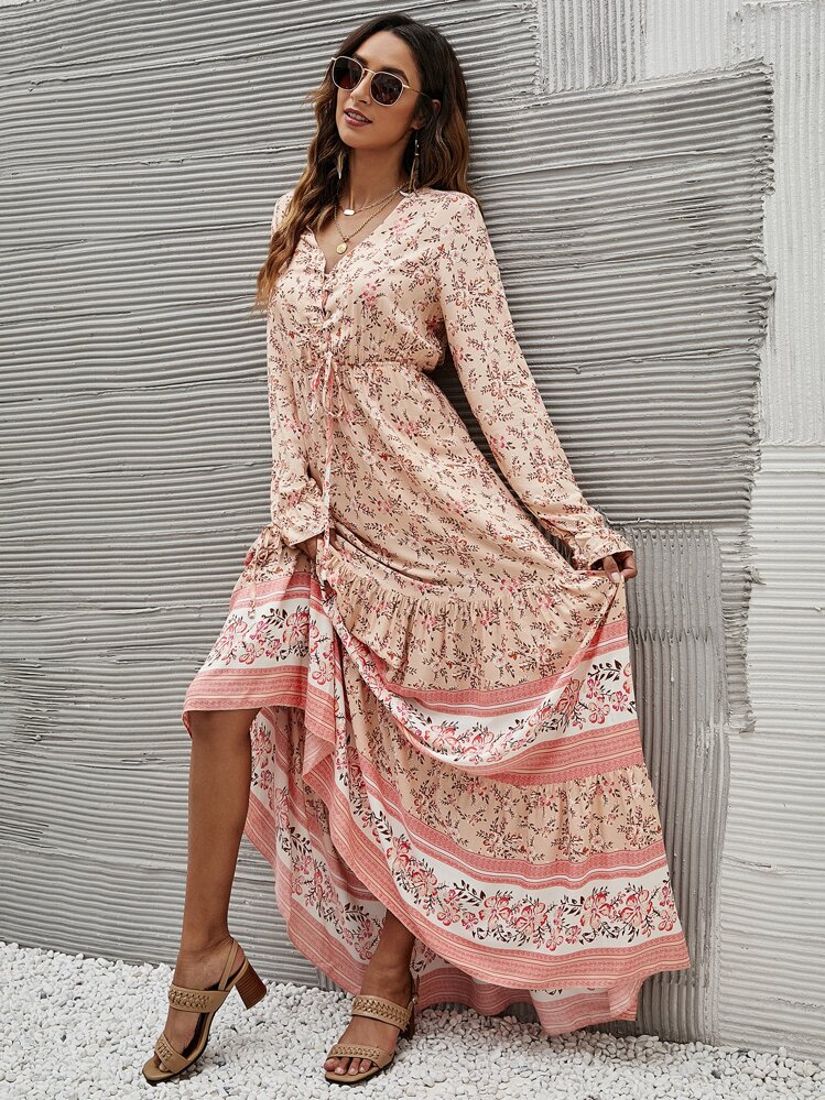 SHEIN Holidaya Floral Grommet Eyelets Lace Up Ruffle Hem Dress Boho Dress Maxi Vacation Beach Outfits Women Fall Cloth For Women - Multicolor - View 6