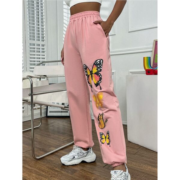 

Butterfly Print Slant Pocket Sweatpants, Baby pink