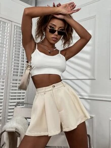 Chiquease 素色褶皺面料闊腿短褲 - 杏色 - 查看 6