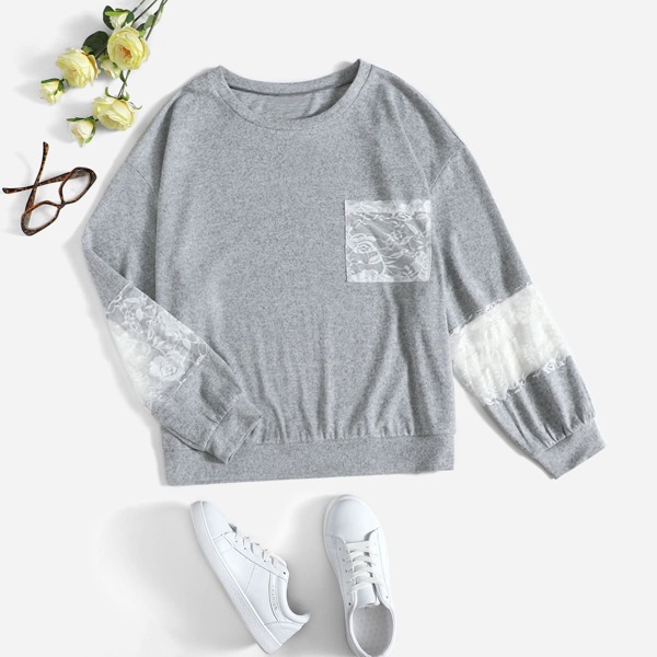 

Plus Contrast Lace Drop Shoulder Sweatshirt, Grey