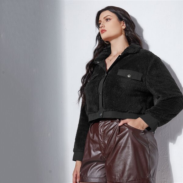 

Plus Flap Detail Fleece Jacket, Black