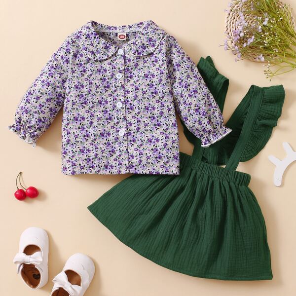 

Baby Girl Ditsy Floral Flounce Sleeve Top & Ruffle Hem Suspender Skirt, Multicolor