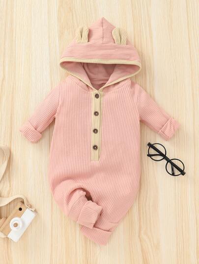 女嬰前紐扣3D耳朵設計連帽連身褲