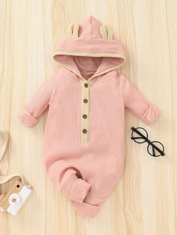 女嬰前紐扣3D耳朵設計連帽連身褲