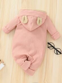 女嬰前紐扣3D耳朵設計連帽連身褲