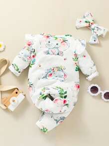 Baby Elephant And Floral Print Ruffle Trim Jumpsuit With Headband - White - View 2