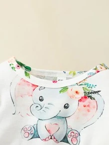 Baby Elephant And Floral Print Ruffle Trim Jumpsuit With Headband - White - View 3