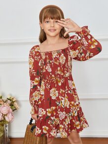 SHEIN 女孩印花打褶荷葉袖洋裝 - 彩色 - 查看 3