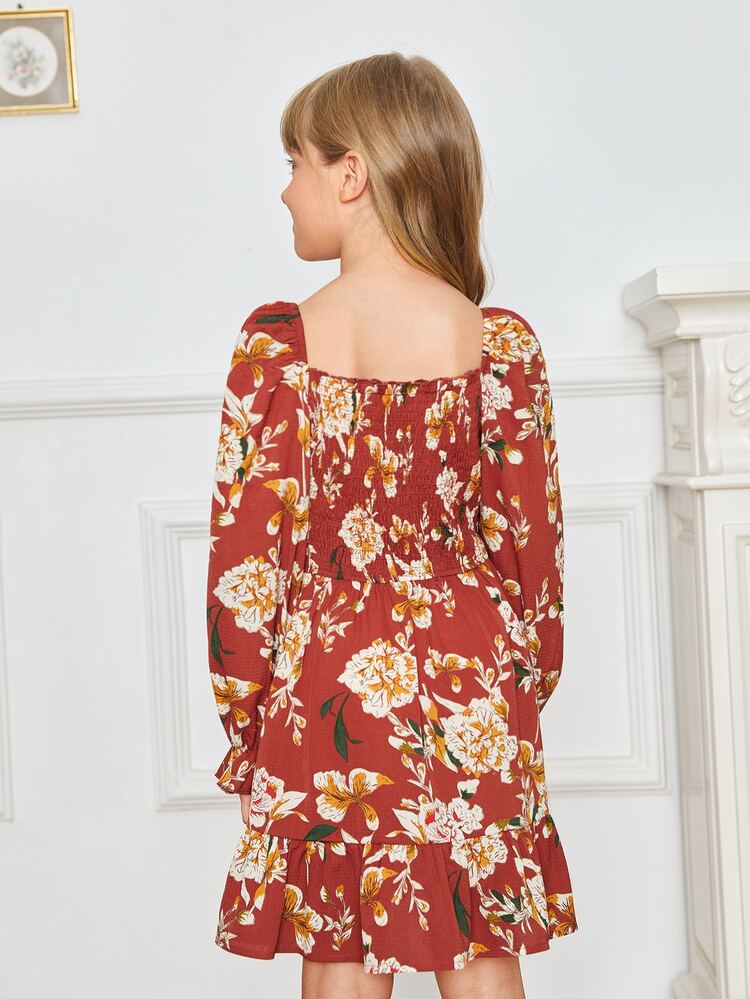 SHEIN Đầm Gái viền lá sen Xù Viên lá sen Dải chun Hoa Boho - Nhiều màu - Xem 2