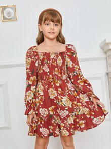 SHEIN 女孩印花打褶荷葉袖洋裝 - 彩色 - 查看 4