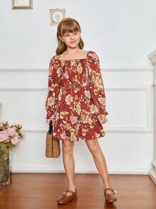 SHEIN 女孩印花打褶荷葉袖洋裝 - 彩色 - 查看 5