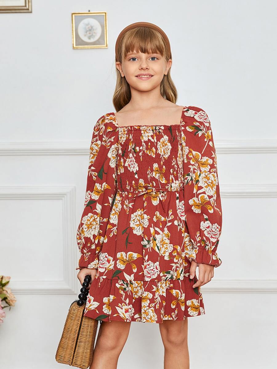 SHEIN 女孩印花打褶荷葉袖洋裝 - 彩色 - 查看 1