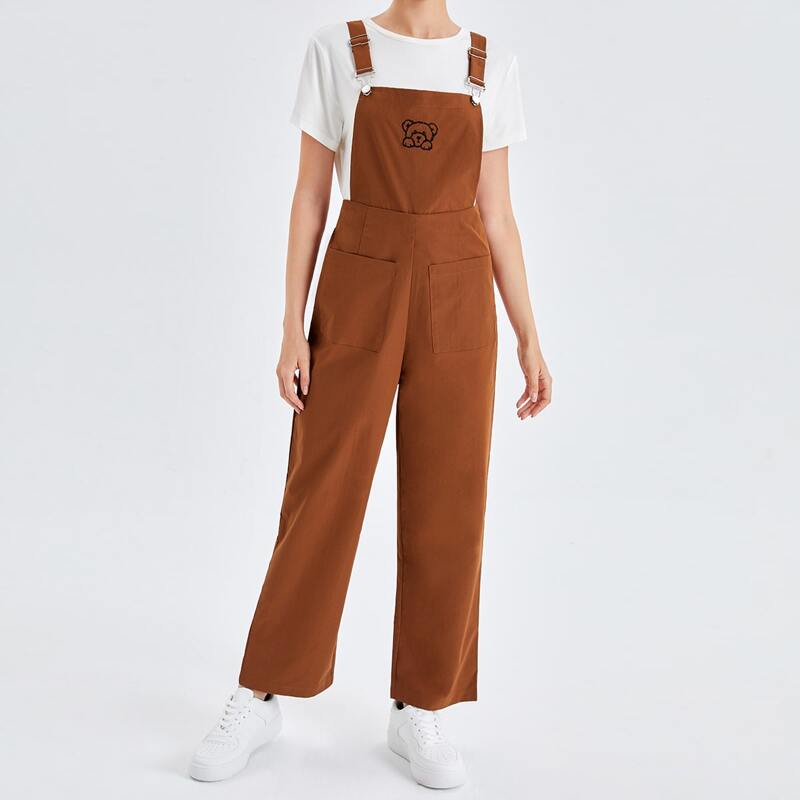 

Cartoon Bear Graphic Pocket Jumpsuit, Brown