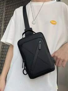 迷你男士前拉鏈針腳細節單肩包 - 黑色 - 查看 1