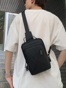 迷你男士前拉鏈針腳細節單肩包 - 黑色 - 查看 2