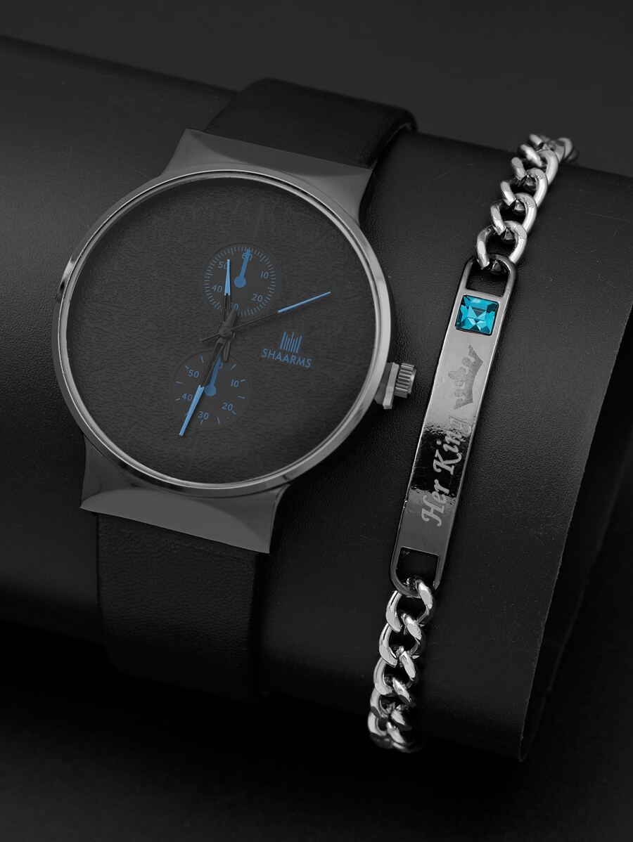 SHAARMS 1 đồng hồ thạch anh kim loại tròn nam và 1 vòng tay - màu đen - Xem 1
