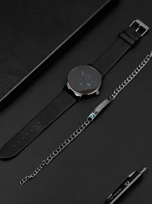 SHAARMS 1 đồng hồ thạch anh kim loại tròn nam và 1 vòng tay - màu đen - Xem 3