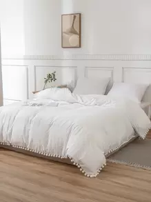 1件白色蓬松球装饰被套，波西米亚农舍风格，柔软超细纤维被套，男女通用，不含被芯 - 白色 - 查看 3
