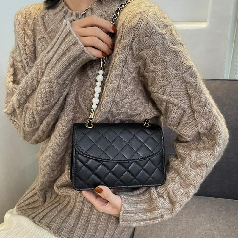 

Faux Pearl Decor Quilted Flap Square Bag, Black