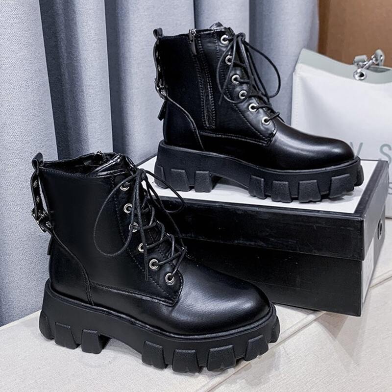 

Side Zip Lace-up Combat Shoes, Black