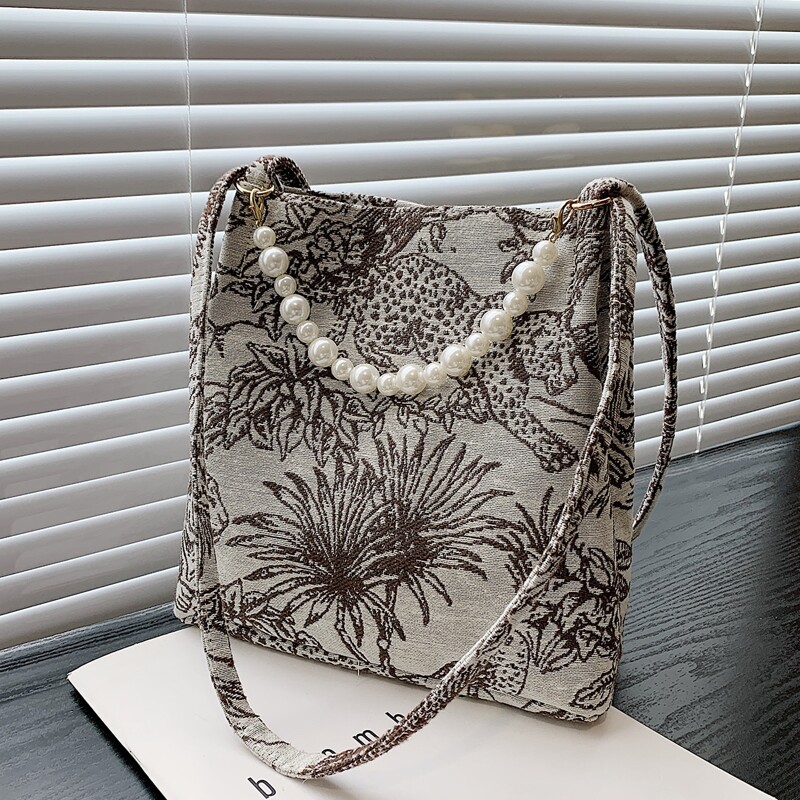 

Animal & Plant Graphic Faux Pearl Decor Shoulder Bag, Brown