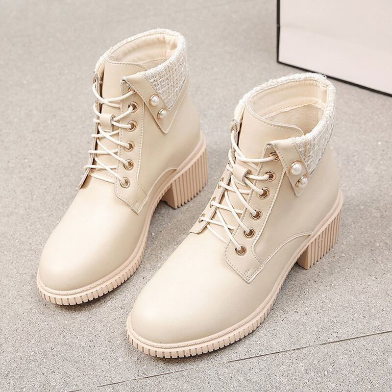 

Faux Pearls Decor Chunky Boots, Beige