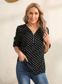 EMERY ROSE 波點圖案半拉鏈捲邊袖襯衫 - 黑與白 - 查看 1