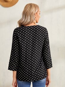 EMERY ROSE 波點圖案半拉鏈捲邊袖襯衫 - 黑與白 - 查看 2