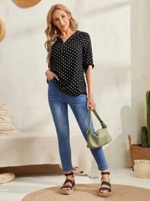 EMERY ROSE 波點圖案半拉鏈捲邊袖襯衫 - 黑與白 - 查看 4